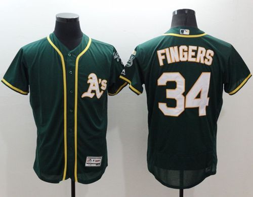 Athletics #34 Rollie Fingers Green Flexbase Authentic Collection Stitched MLB Jersey - Click Image to Close